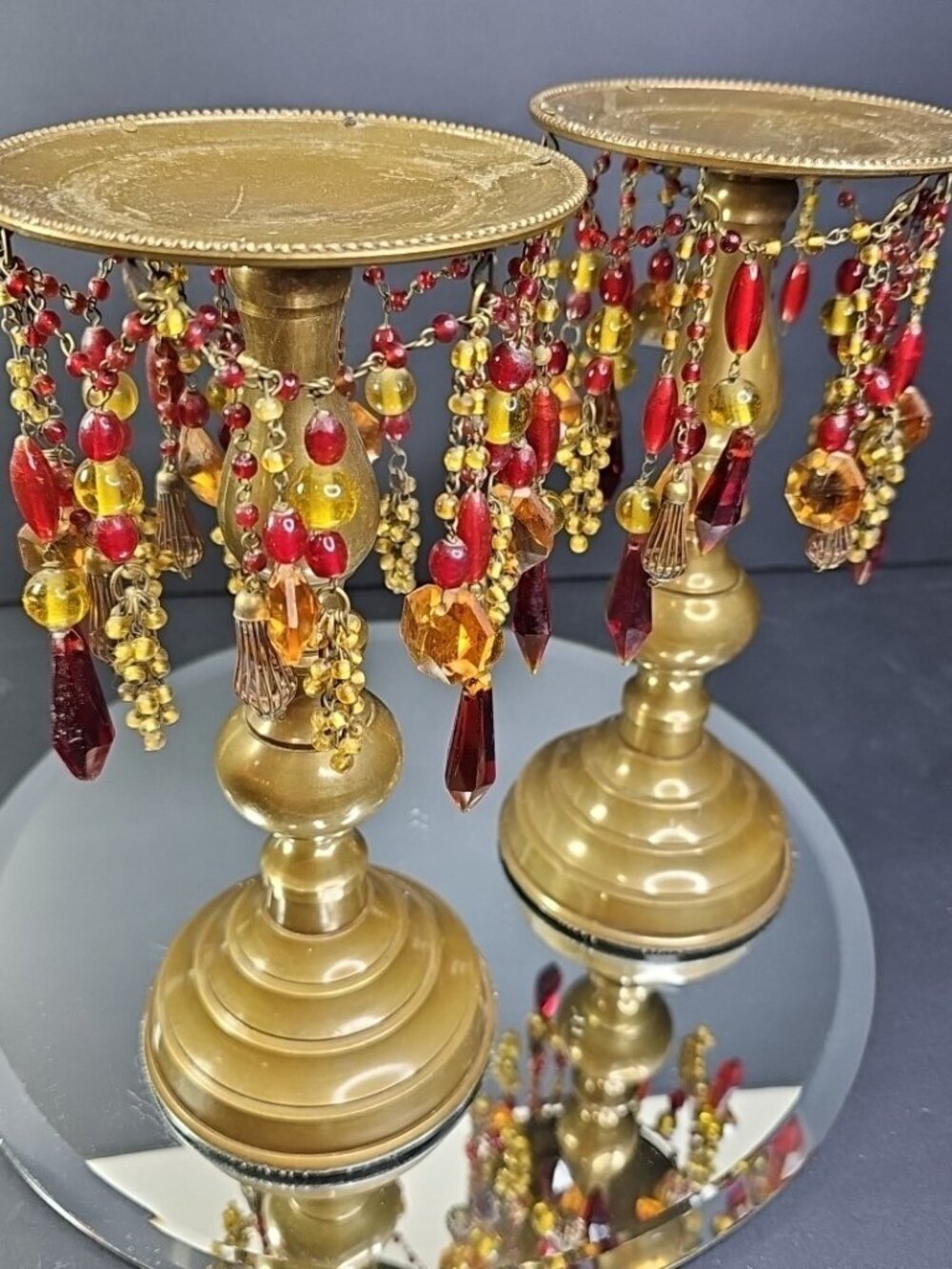 Vintage Samaco Candle Holders Pillar With Beaded Dangles 9.5in Tall 4.5in Wide